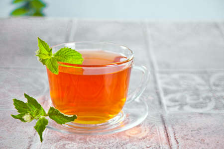 Cup of herbal mint tea. copy space