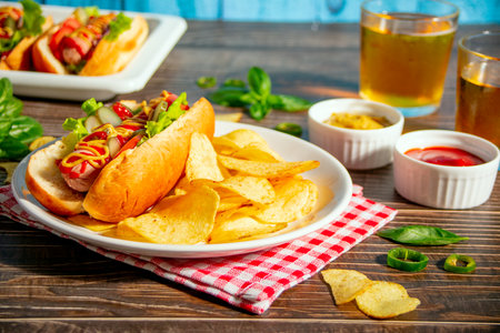 Delicious homemade hotdogs with chips and glasses of beer on wooden tableの写真素材