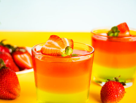 Glasses of tasty summer dessert layered colorful jelly with fresh strawberries on yellow background