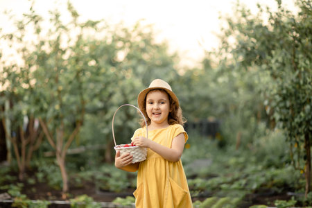 little cute kid girl picking fresh ripe strawberry in white backet on fruit farm field or garden