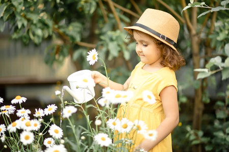 Little cute girl child with water can watering flowers in a garden backyard. Kids gardening. outdoor children activityの写真素材
