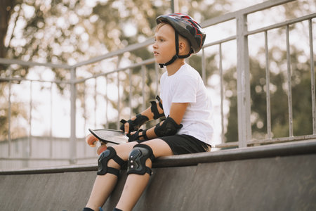 Cute kid boy child in a helmet sitting in a special area in skatepark and holding skateboard. Summer sport activity concept. Happy childhood.の写真素材