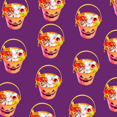 Halloween Jack o Lantern orange bucket with candy on violet background pattern.の写真素材