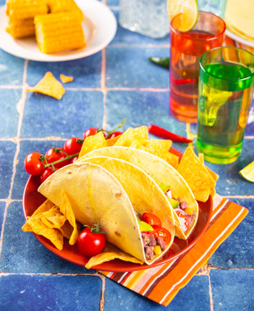 Traditional Mexican corn tacos with meat, vegetables, avocado, beans, salsa and nachos. Served with various sauces and drinks. Big family gatheringsの写真素材
