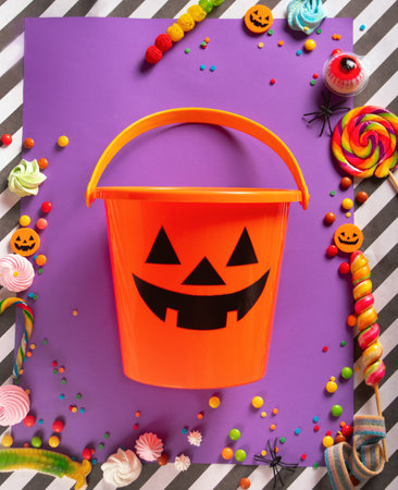 Collection set of Halloween party holiday objects and Halloween Jack o Lantern orange bucket with candy.Trick or treat. top view. copy spaceの素材 [FY310209763642]