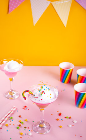 Caramel Milk shake cocktail with whipped cream and colored sweet candy cane lollipop. birthday party.の写真素材