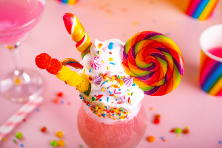 Caramel Milk shake cocktail with whipped cream and colored sweet candy in glassの写真素材