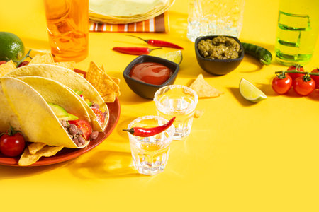 Mexican tequila shots with lime and hot red chili on the yellow table with traditional food corn tacos on the background.の写真素材