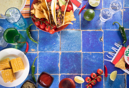 Traditional Mexican corn tacos with meat, vegetables, avocado, beans, salsa and nachos. Served with various sauces and drinks. Big family gatherings. top view. copyspace.の写真素材