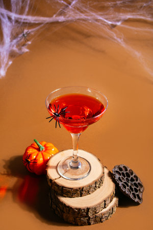 Halloween red cocktail in glass decorating spider on brown background. party celebration conceptの写真素材