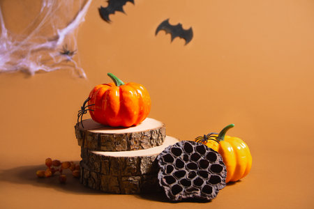 Wooden podiums disks, saw cut of tree, pumpkins, web and bats. copyspace. mockup. Concept product, promotion sale, presentation, beauty organic cosmetic. For Halloween or Thanksgiving day.の写真素材