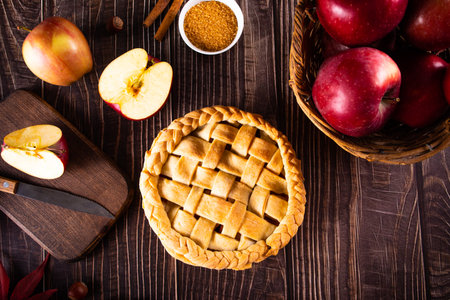Autumn fresh baked homemade tasty apple pie. top view.の写真素材