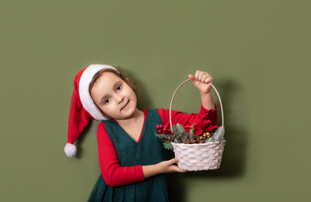 Cute caucasian kid toddler girl in red Santa's hat holds festively decorated basket on red background. Copy space for design or text. Banner. Christmas New Year mockup templateの写真素材