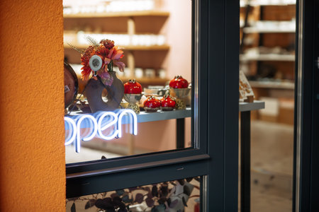 A business sign Open hang on shop door at entranceの写真素材