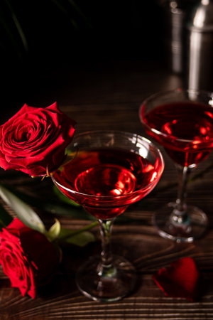 Delicious refreshing beverage drink red cocktail with red rose and petals on wooden table. Romantic, Valentines day concept. Dinner for two.の写真素材