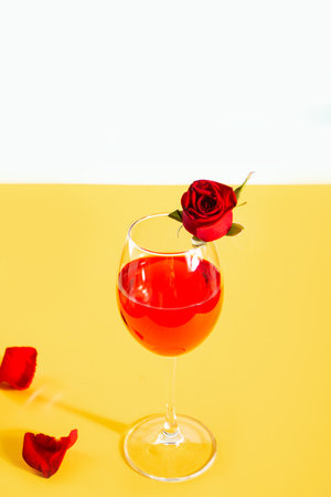 Glass of red wine decorated with red rose bud and petals on the yellow background. Romantic Valentines day concept.の写真素材