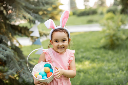 Little cute girl wear bunny ears holding basket with colorful painted eggs on Easter egg hunt in parkの写真素材
