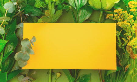 Card mock up on with green plant. Space for text. Top view. Greetings template