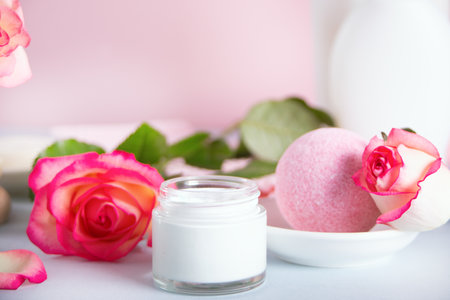 Organic cosmetic care herbal beauty skin cream for face, hands, eyes with roseの写真素材