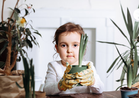 home gardening. Little kid girl helping to care for home plants, green environment at home.の写真素材