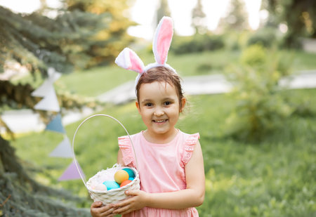 Little cute girl wear bunny ears holding basket with colorful painted eggs on Easter egg hunt in parkの写真素材