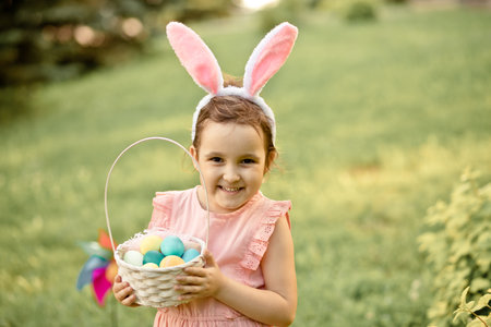 Little cute girl wear bunny ears holding basket with colorful painted eggs on Easter egg hunt in parkの写真素材