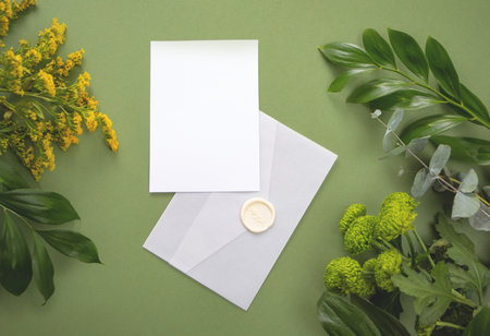 Card mock up on with green plant and flowers on green background. Space for text. Top view. Greetings templateの写真素材