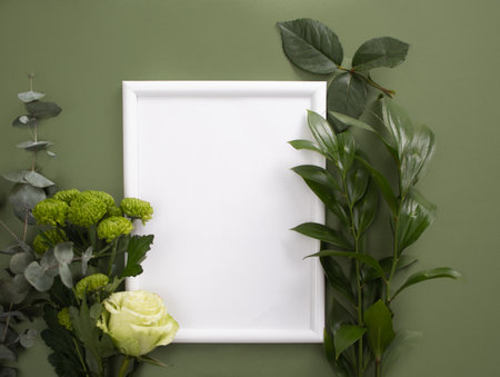 Photo frame Card mock up on with green plants and flowers on the green background. Space for text. Top view. Greetings template. Top view. Copy space.の写真素材