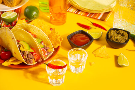 Mexican tequila shots with lime and hot red chili with traditional food corn tacos on the backgroundの写真素材