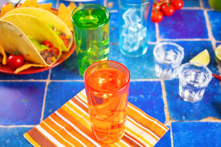 Traditional Mexican party with corn tacos with meat, vegetables, avocado, beans, salsa and nachos. Served with various sauces and drinks. Big family gatherings. Cinko de Mayo. Taco partyの写真素材
