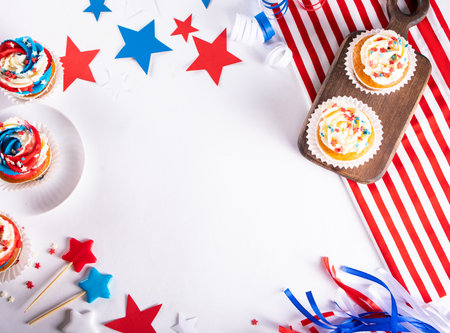 Independence Day Fourth of July USA American patriotic party. Cupcakes with american symbols.の写真素材