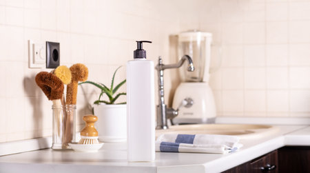 Eco-friendly kitchenware utencil and soap dispenser near sink on table in kitchen. Household equipmentの写真素材
