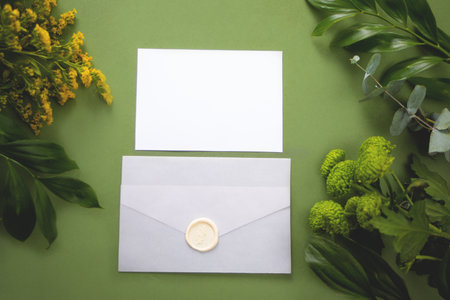 Card mock up on with green plants and flowers. Space for text. Top view. Greetings template. Top view. Copy space.の写真素材