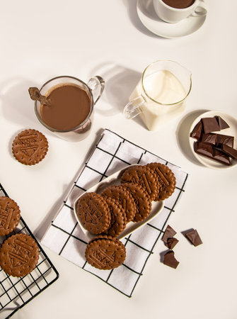 Hot chocolate with chocolate pieces and cookies.の写真素材