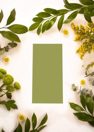 Card mock up on with green plants and flowers. Space for text. Greetings templateの写真素材