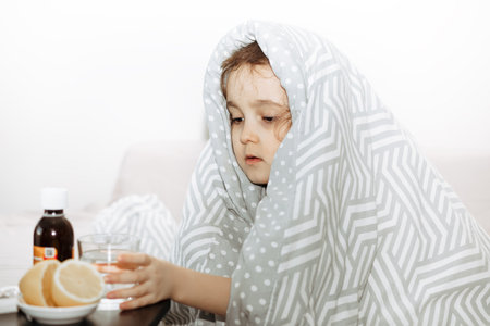 Sick sad little kid girl sits on bed at home wrapped in blanket. Asthma medicine. Flu season. Healthcare conceptの写真素材