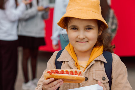 Cute little girl eating hot dog on a street.の写真素材