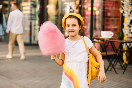 Cute little girl eating cotton candy. Happy childhood. Summer holidays concept.の写真素材