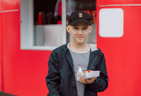 Cute teen boy kid eating hot dog nearby food track on a street.の写真素材