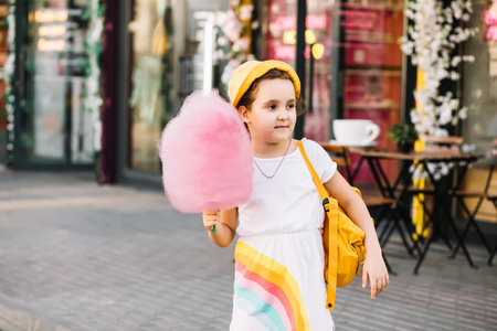 Cute little girl eating cotton candy. Happy childhood. Summer holidays conceptの写真素材