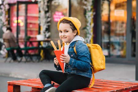 Cute little girl eating traditional treat street food. Food delivery or take away food conceptの写真素材