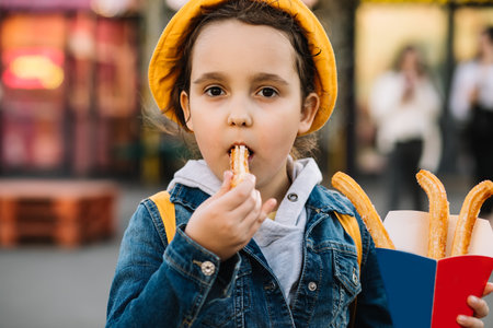 Cute little girl eating traditional Spanish treat street food churros. Food delivery or take away food conceptの写真素材