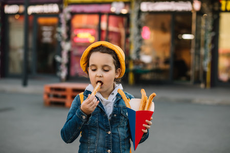 Cute little girl eating traditional Spanish treat street fast food churros. Food delivery or take away food conceptの写真素材