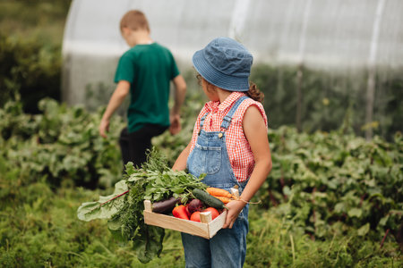 Cute kid girl holding a wooden box with fresh just harvested vegetables of a countryside farmの写真素材