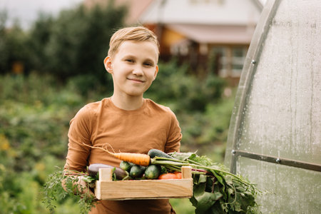 Cute kid boy teenager holding a wooden box with fresh just harvested vegetables of a countryside farmの写真素材