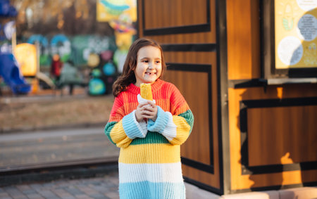 Caucasian little cute girl eating delicious tasty corn on the cob in city parkの写真素材