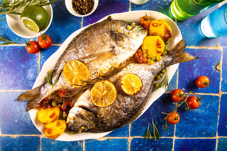 Sea breath fish dorado with tomato cherries and lemon slices on white plate on blue background. Top viewの写真素材