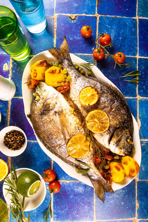 Sea breath fish dorado with tomato cherries and lemon slices on white plate on blue background. Top viewの写真素材