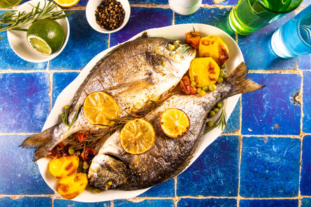 Sea breath fish dorado with tomato cherries and lemon slices on white plate on blue background. Top viewの写真素材