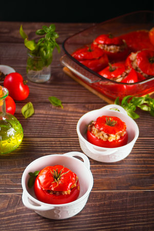 Delicious stuffed tomatoes with minced beef and riceの写真素材